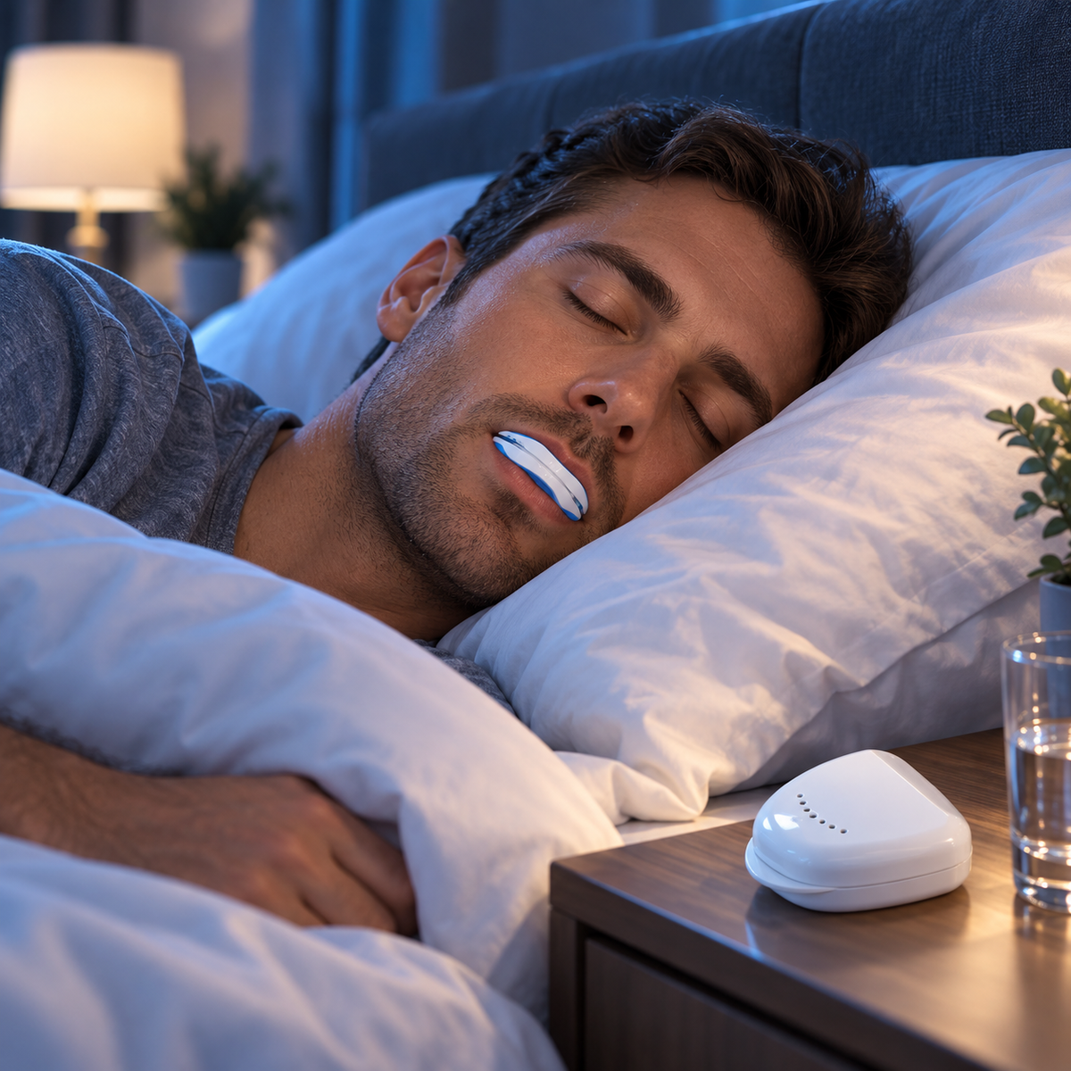 Man sleeping peacefully while wearing the Silexora Sleep Guard