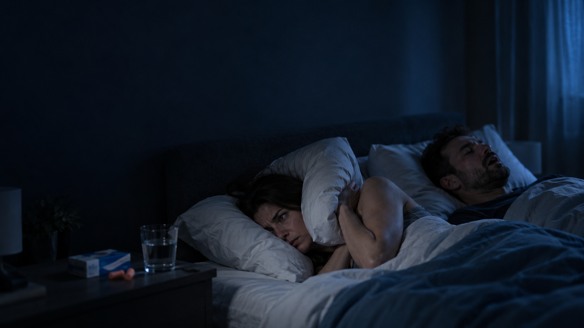 Couple awake at night, sleep disturbed by snoring